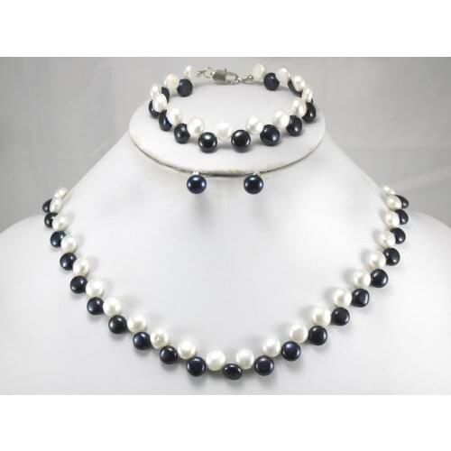 8-9MM White Black Pearl Necklace Bracelet Earring Pearl Jewelry Set