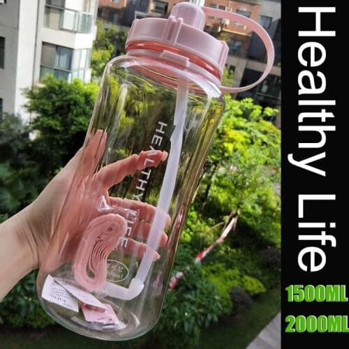 Factory price Transparent 1.5L 1500ml 2000ml Fashion Portable Space Healthy life Custom Shaker straps straw water Bottle