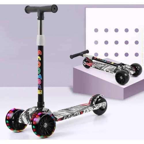 Childrens Three-wheeled Scooter One-key Folding Portable Scooter Height-adjustable Graffiti Scooter With Illuminated Wheels