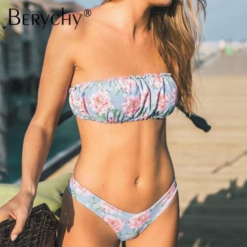 Branded Women Sexy Floral Print Strapless Swimwear Bikini Set Summer Brazilian Biquini Thong Bikini Maillot De Bain 2021