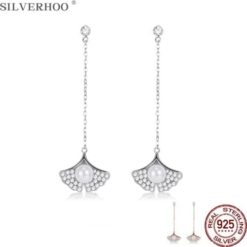 SILVERHOO 925 Sterling Silver Apricot Leaf & Shell Pearl Earrings For Women Dazzling Zircon Tassel Drop Earring Fine Jewelry