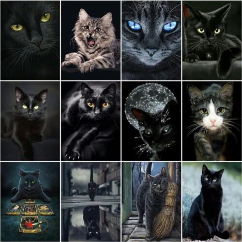 HUACAN DIY Full Square Diamond Painting Animal Cat Black Rhinestone Of Picture Cross Stitch 5D Mosaic Diamond Decoration