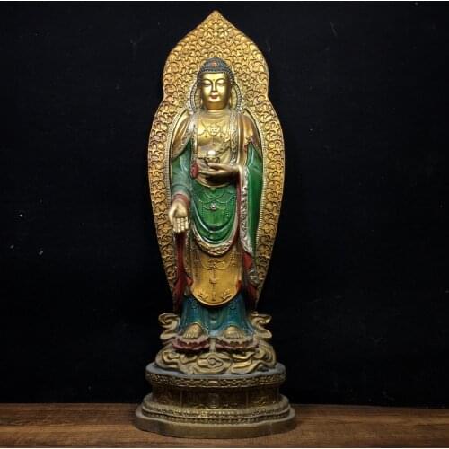 16"Chinese temple collection Old Bronze Painted Shakyamuni Amitabha Back light Standing Buddha Ornaments Town House Exorcism