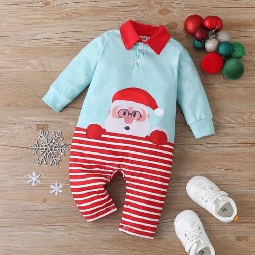 Baby Boy Winter Clothes Baby Christmas Clothes Cotton Cute Santa Claus Patchwork Striped TurnDown Collar Long Sleeve Baby Romper