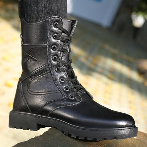 Leather high help mens autumn and winter army plus velvet thick-soled combat mens Martin Korean version snow boots