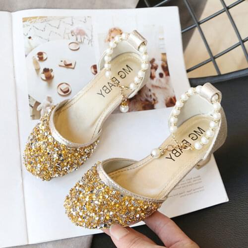 Princess Bling Bling Sandals Pearl Glitter Leather Shoes Girls Party Wedding Dance Zapatos De Baile Kids Square Heel Dress Shoes