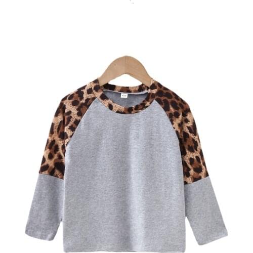 2021 New Child Girls T Shirt Fashion Leopard Print Stitching Top Sweatshirt Autumn Kids Clothes 3-8Y