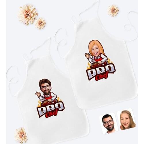 Personalized Dual Male and Female BBQ Chef Caricature Of White Kitchen Apron Set Special Design Souvenir Beautiful memories