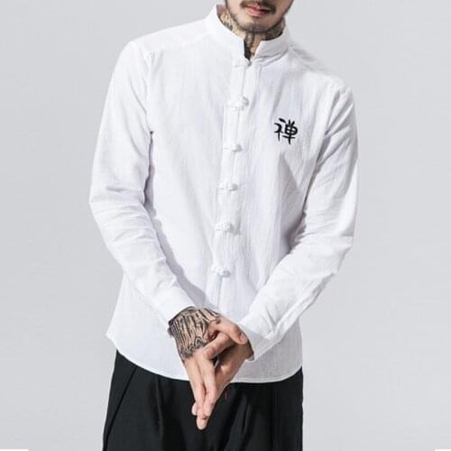 2021 Autumn Chinese Style Shirt Men Solid Button Linen Stand Collar Streetwear Shirt Long Sleeve Kung Fu Clothes Men Tops KK3449