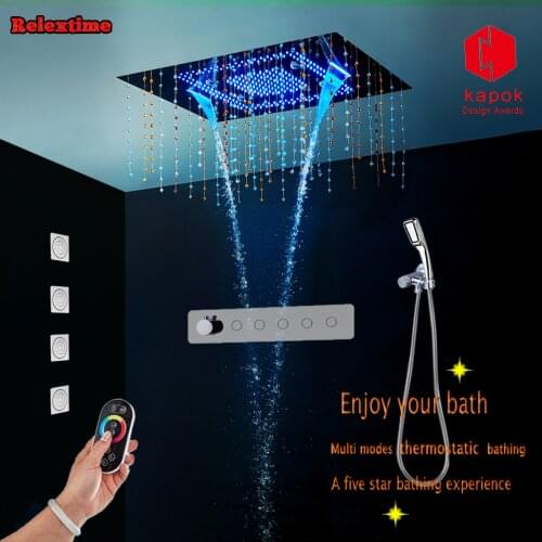 Crystal LED Ceiling Shower Head large-flow Showerselect Bathroom Concealed Thermostatic Shower Set Faucet Mixer massage Jets