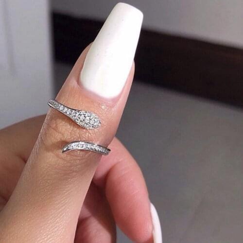 Sparkling Adjustable Curved Snake Rings Silver Color Green Zircon Crystal Rings For Women Wholesale Jewelry