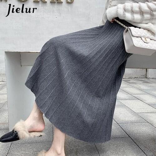 Jielur Knitted Skirts Womens Autumn Winter A-line Slim OL Chic Saia Faldas Elastic Waist Skirts Stripe Women Skirt Hollow out