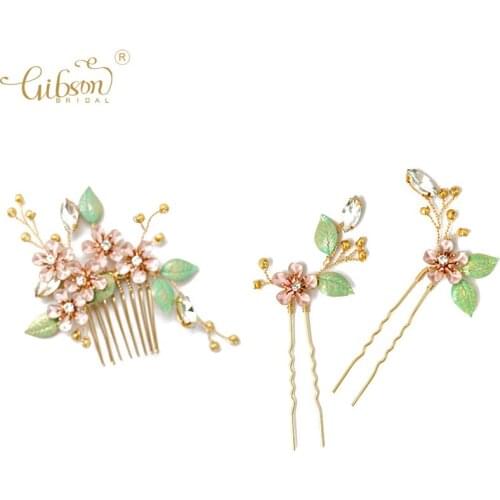 Sweet Girls Headpiece Cherry Pink Enamel Floral Green Leaves Costume Accessories Hair Comb Pins For Bridal Wedding Jewelry