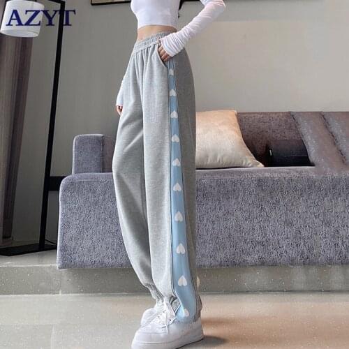 AZYT 2021 Autumn Zipper Patchwork Women Sweatpants Korean Loose High Waist Straight Pants Female Casual Drawstring Women Joggers
