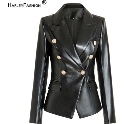 HarleyFashion European American Top Quality PU Leather Fittness Gold Buttons Slim High Street Women Black Blazer