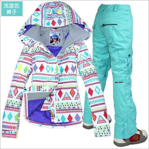 Womens Vogue Ski Suit Racing Waterproof Insulated Snowboard Suit Female White With Rhombus Jacket And Blue Pants Snow Wear