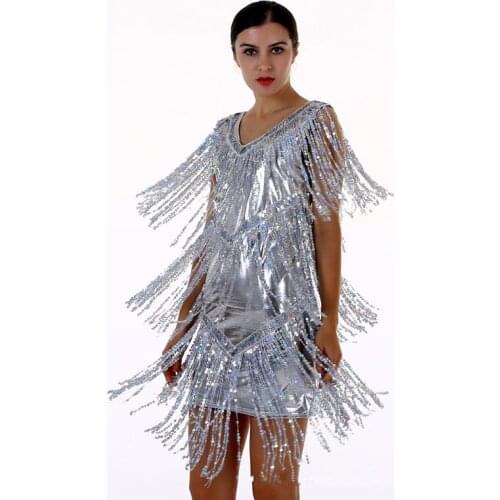 Sequined Grey fringed dress female 2019 for Woman Dancing robe sexy V-Neck fringe Tassels Nightclub Summer Mini Dress