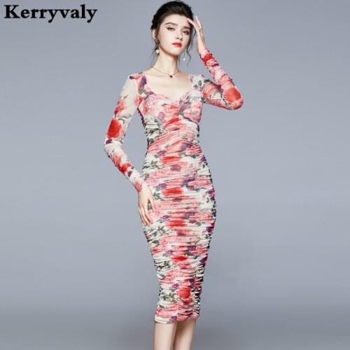 Retro Celebrity Slim Fit Bag Hip Mesh Pencil Bodycon Dresses Women Square Neck Floral High Waist Long Sleeve Dress K8851