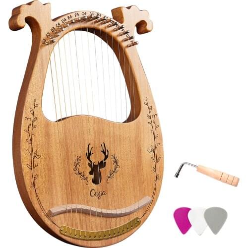 16-String Wooden Lyre Harp Resonance Box String Instrument with Tuning Wrench 3pcs Picks