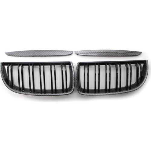 2Pcs Car Grille Double Line Carbon Grain Double Slat Front Bumper Grill Modified Parts for E90 320i - 335i Sedan/Wagon 2005-2008