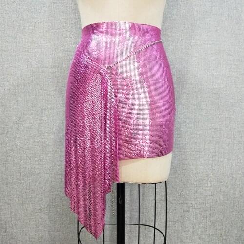 Bling Bling Sexy Club Skirt Nightclub Metallic Asymmetric Sequin Metal Mesh Aluminum Chainmail Party Birthday Skirt