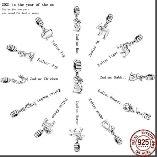 2021 Year of The Ox 925 Sterling Silver Zodiac Charm Fit Original 3mm Bracelet&Bangle For Women Birthday Fashion Jewelry Gift