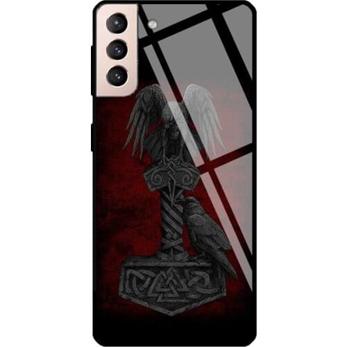 Viking Norse Mythology Huginn Muninn Tempered Glass Phone Case For Samsung Galaxy S20 FE S21 Ultra Note20 S8 S9 10 Plus Note10