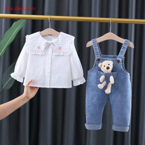 Kids Infant Cute Fashion Spring Autumn Korean Long Sleeve Dot Shitrts+Overalls Denim Pants Baby Girls Clothing Dress Set Bebes