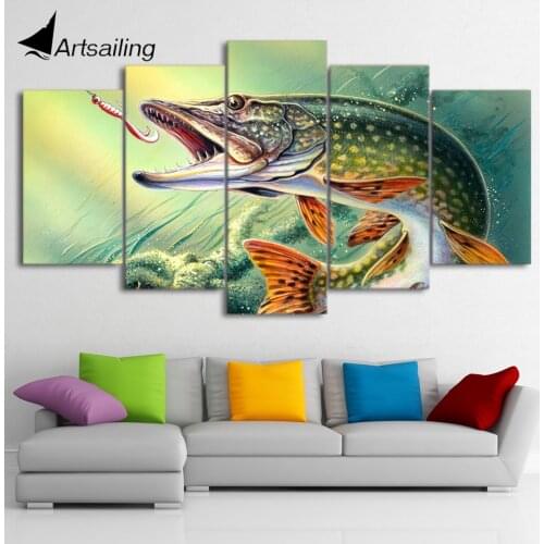 5 piece canvas art fishing hooked pike fish poster and prints canvas painting wall pictures for living room home decor CU-1460A