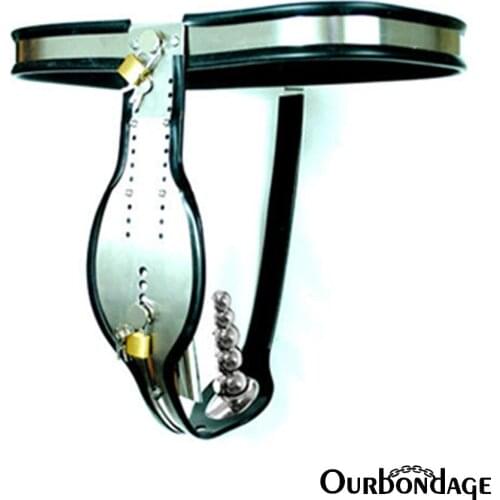 Ourbondage Stainless Steel Male Chastity Belt Inside Tube With 4 Beads Anal Plug BDSM Bondage Penis Lock Sex Toys For Men