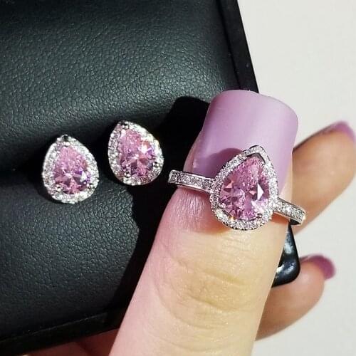 2pcs Pack 925 Sterling Silver Cushion Cut Zircon Jewelry Set Engagement Ring Stud Earring For Women Gift J1473-pink