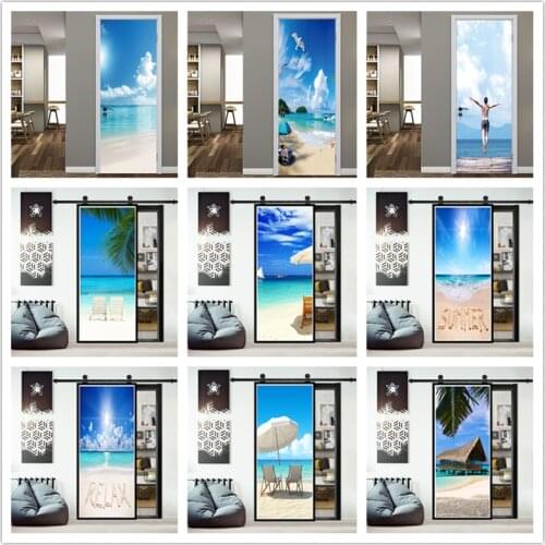 New Seaside Landscape Door Sticker Renew Home Decor Waterproof Vinyl Self Adhesive Wallpaper Removable Mural Decal Deursticker