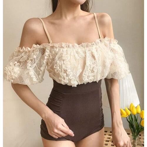 2021 New Korean Bodysuit Bath Suit Women Lace Swimsuit One Piece Swimwear Out Monokini Sexy High Waist Swimming Wear