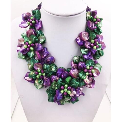 Freshwater pearl purple/green shell baroque flower necklace 18inch FPPJ wholesale beads nature