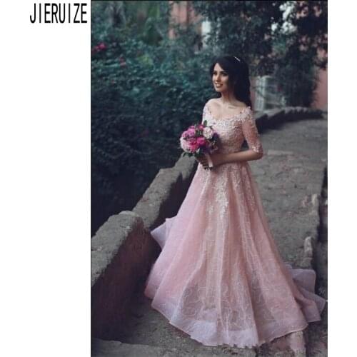 JIERUIZE Pink Organza Wedding Dresses V Neck Half Sleeve With Appliques Lace Up Back Bride Dresses vestido de noiva Bridal Gowns