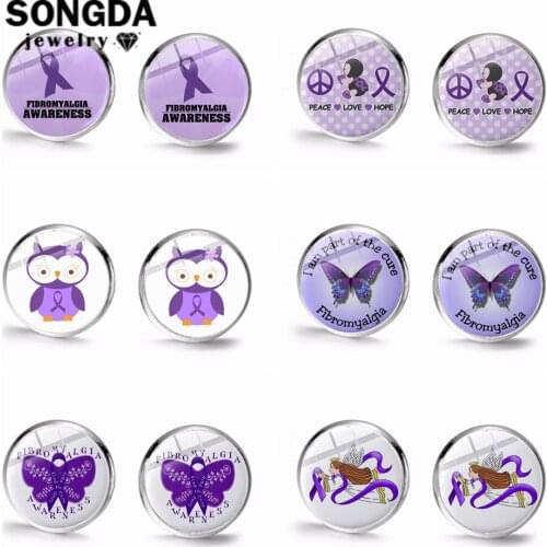 SONGDA Special Fibromyalgia Awareness Hope Earrings Purple Ribbon Cartoon Pattern Glass Cabochon Stud Earrings Handmade Jewelry