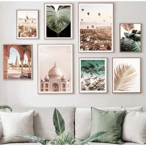 Taj Mahal Sea Palm Leaf Grass Arch Door Wall Art Canvas Painting Nordic Posters And Prints Wall Pictures For Living Room Decor