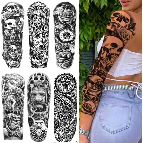 Death Skull Temporary Tattoos For Women Men Tribal Totem Black Flower Tattoo Sticker Fake Lion 3D God Covers Up Tatoos Sleeves