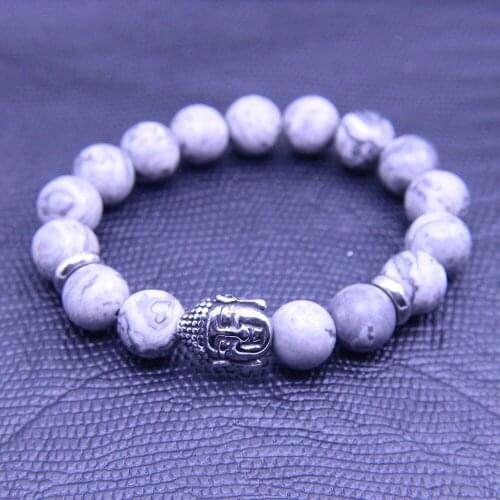 Wonlee Winle 11mm Natural Gray Map Stone Beaded Stretch Bracelets for Men&Women Stainless Steel Buddha Charms Strand Bracelet