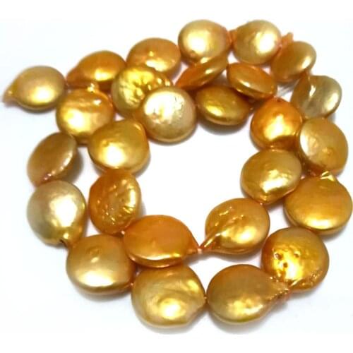 16 inches AA 13-14mm High Luster Yellow Gold Natural Coin Pearl Loose Strand