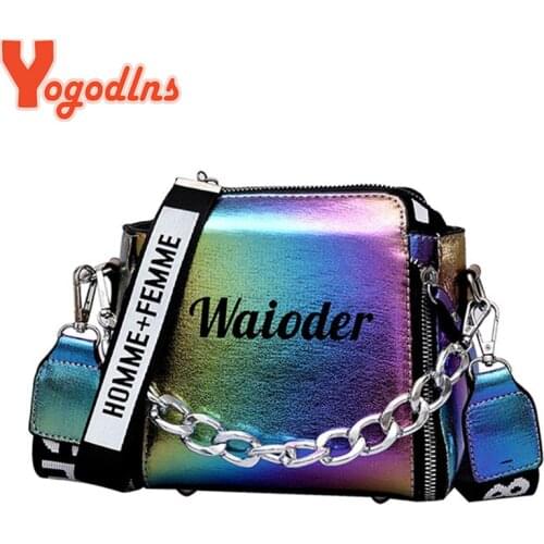Yogodlns Laser Women Bags Fashion Luxury Shoulder Handbags Chains Crossbody Bag Women 2021 Letter Mini Flap Purse bolsa feminina
