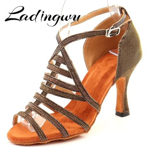 Ladingwu Salsa Jazz Ballroom Latin Dance Black Shoes For Dancing Women Social Brown Chameleon Glitter Dacne Shoes