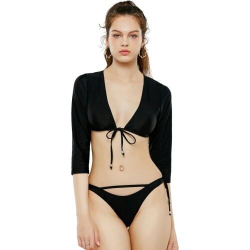 Womens Swimming Suit Bikini Set Push Up Swimsuit Two Piece Black Swimwear Fitness Female Long Sleeve Bandage Bathing Swim Wear