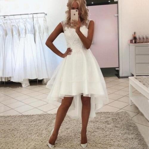 2021 White Organza Tea Length Beach Short Wedding Dresses High Low Bride Dresses Lace Wedding Gowns