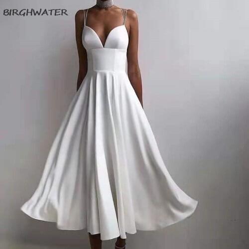 Summer Womens Sexy Dress 2021 Sleeveless Pure Color Sling V-Neck Party Dress Banquet High-Waist Mid-Length Big Dresses