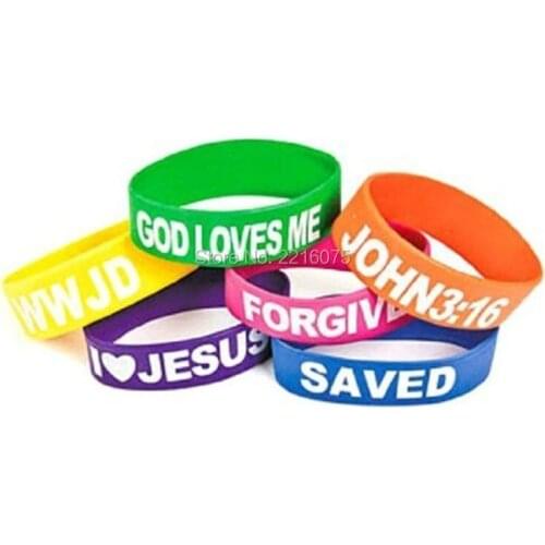 300pcs one inch God Loves Me, I Love Jesus, Saved, Forgiven silicone wristband rubber bracelets free shipping by DHL express