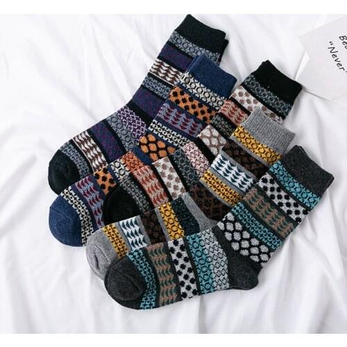 5Pairs/Lot High Quality Mens Wool Socks Winter Warm Thick Striped Solid Color Middle Tube Long Socks Male New Wholesale