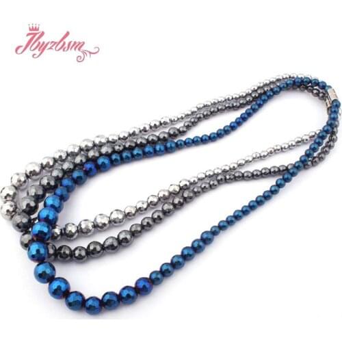 6mm-12mm Round Faceted (No Magnetic) Hematite Natural Stone Beads For Lady Women Fashion Jewellery Necklace 19" Free Shipping
