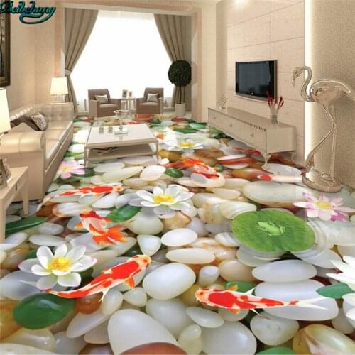 Beibehang Large custom floor gravel 3D lotus carp living room bedroom kitchen bathroom floor fine decoration
