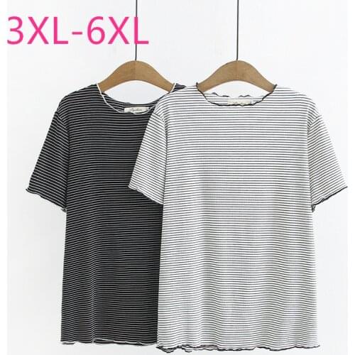 New summer plus size tops for women large loose short sleeve O neck casual cotton blakc and white stripe T-shirt 3XL 4XL 5XL 6XL